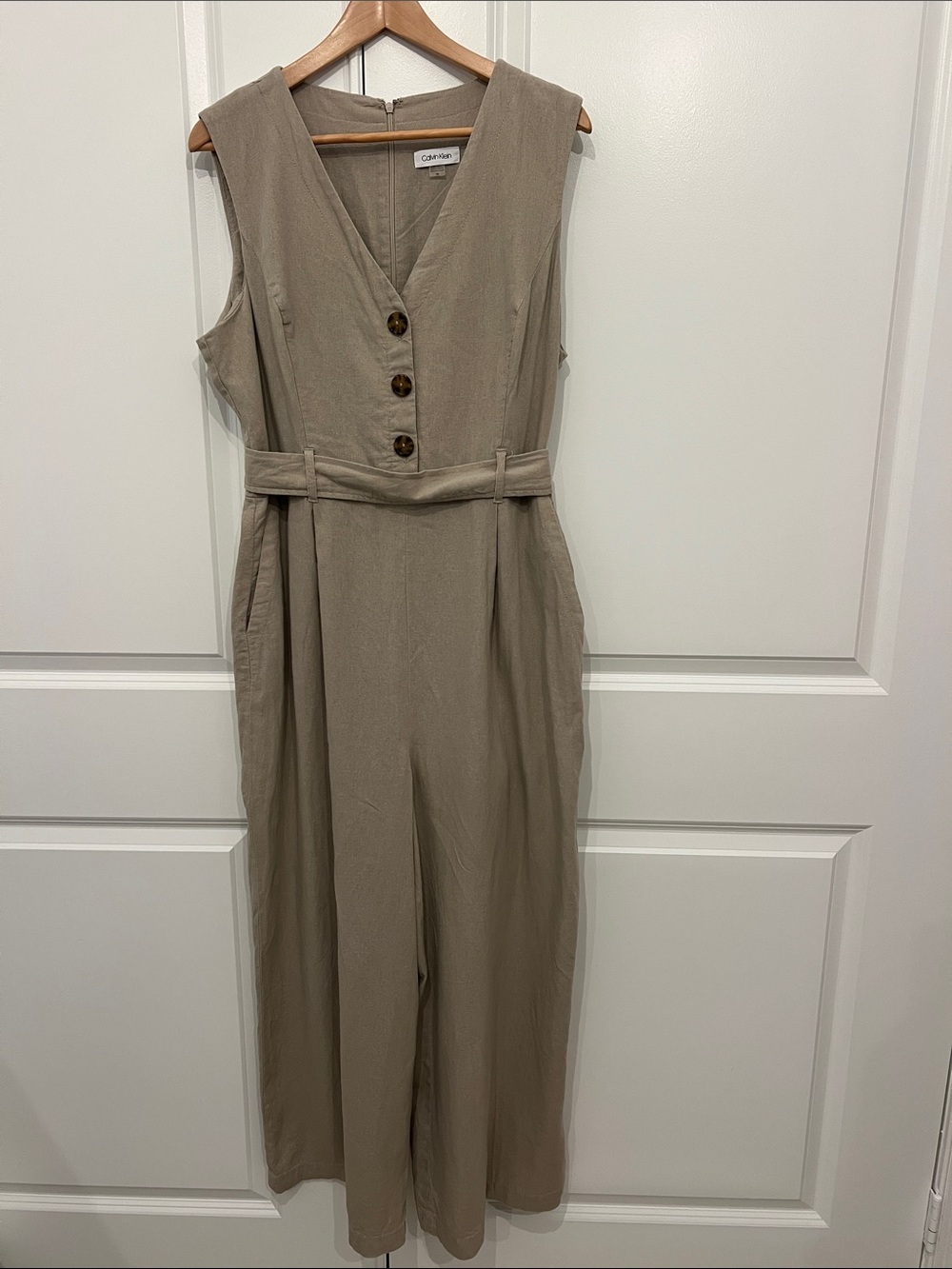 Calvin Klein Women’s Size 16 Taupe Linen Blend Wide Leg Belted Jumpsuit